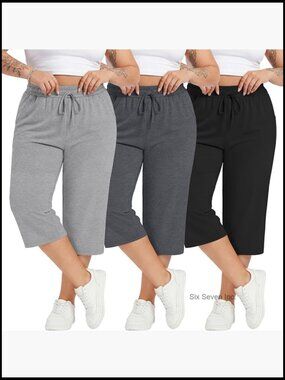 3 Pack Plus Size Cotton Capris, Stretchy Wide Leg Cropped Lounge Pants with